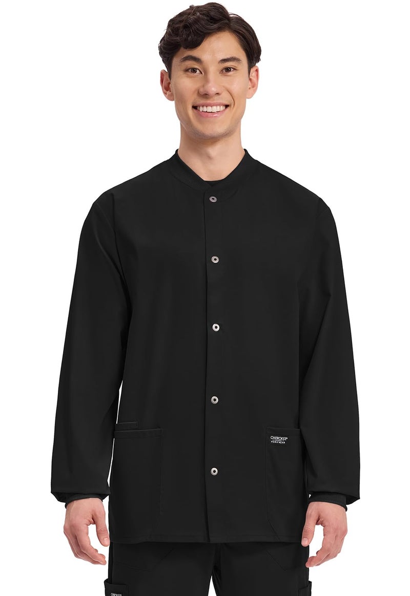 Cherokee Menâ€™s Scrub Jacket Snap Front Medical with 3 Pockets, Knit Cuffs, Soft Fade Resistant 2-Way Stretch - WW360, M, Black - Image 1